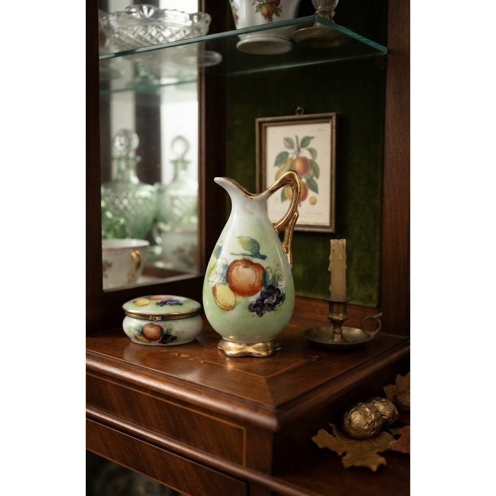 Vintage Ucagco Ceramics Japan Miniature Pitcher Gold Gilt Fruit Hand Painted 2.5